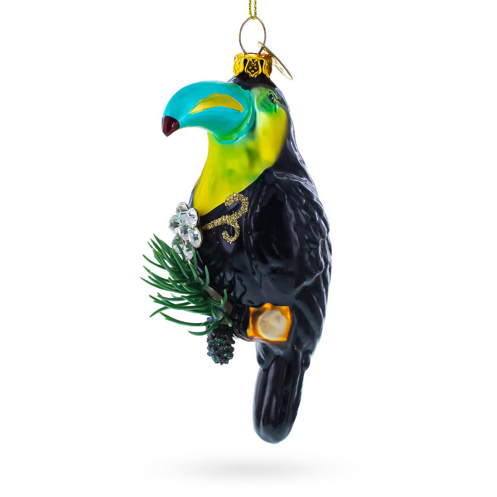 Toucan with Pine Branch Glass Christmas Ornament in Black color Figurine