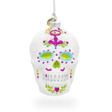 Elegantly Decorated White Skull - Blown Glass Christmas Ornament in White color,  shape