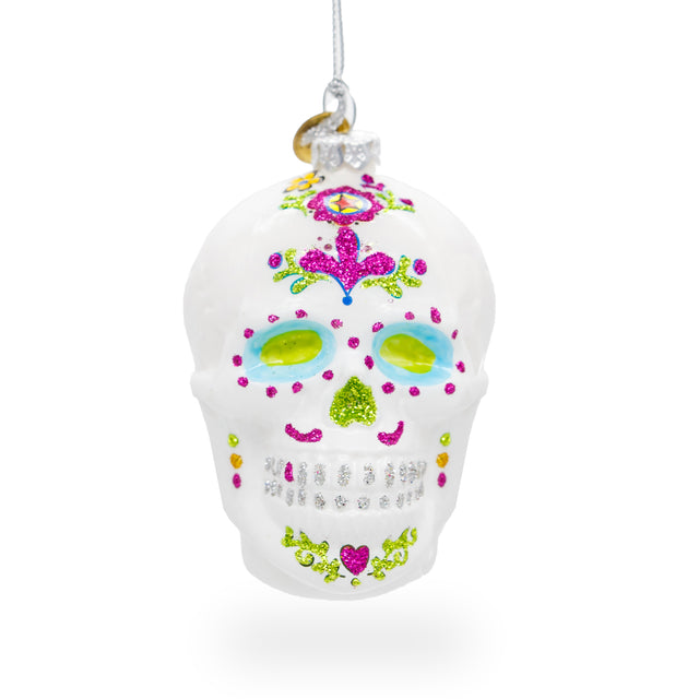 Glass Elegantly Decorated White Skull - Blown Glass Christmas Ornament in White color