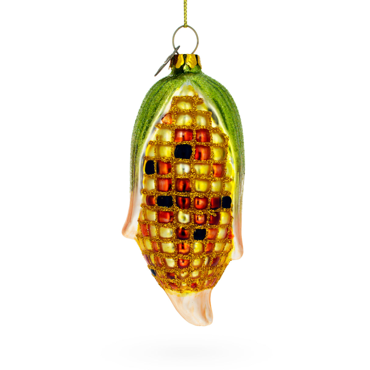 Golden Corn on the Cob - Blown Glass Christmas Ornament in Gold color,  shape