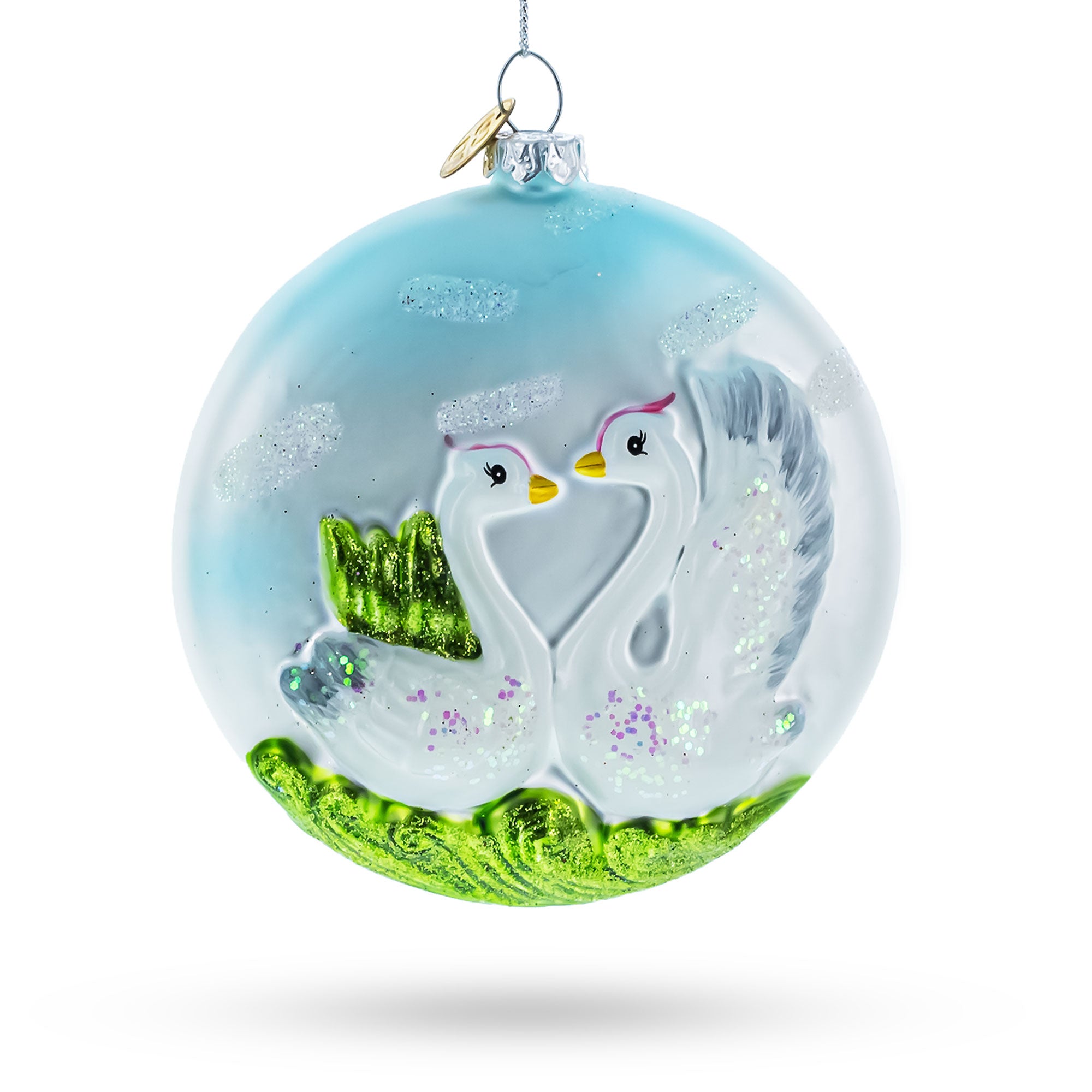 Loving Swans Couple Glass Christmas Ornament in Blue color Figurine