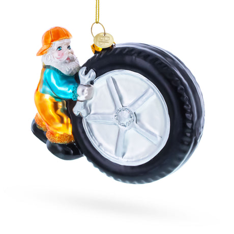 Skilled Tire Repair Mechanic Blown Glass Christmas Ornament in Multi color