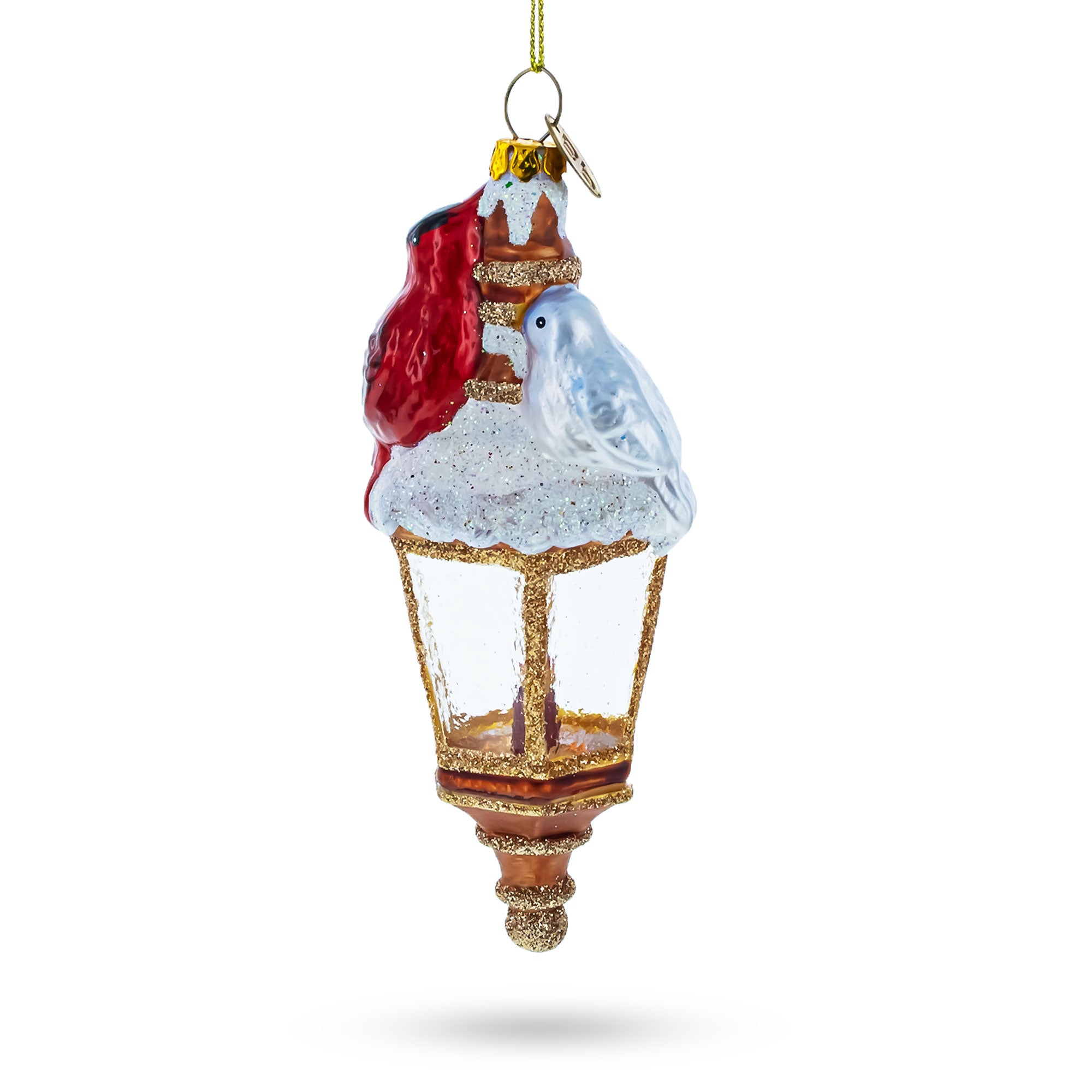 Red Cardinal Perched on Lantern Glass Christmas Ornament in Clear color Figurine