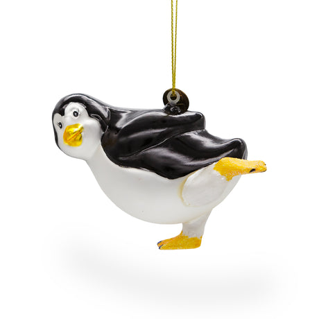 Glass Playful Penguin Skating - Blown Glass Christmas Ornament in White color