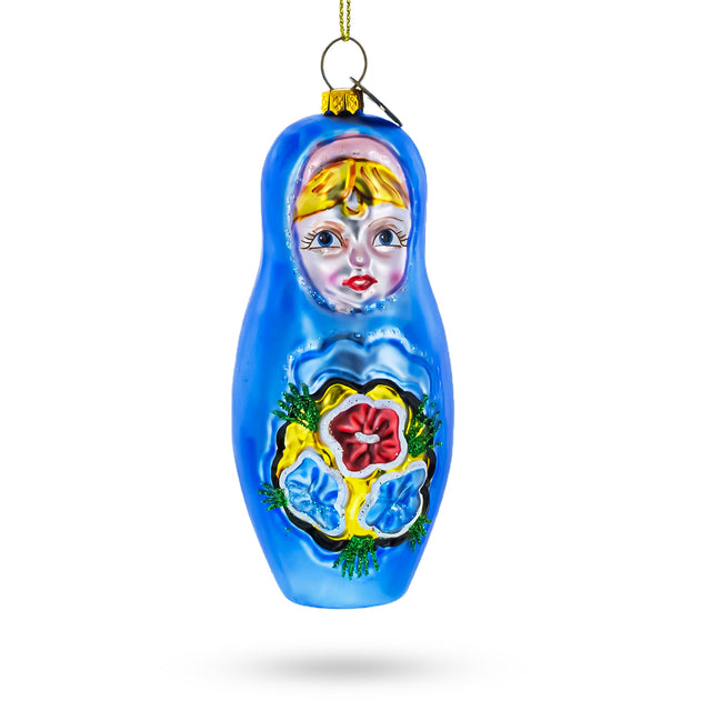 Glass Blue Doll with Flower -  Blown Glass Christmas Ornament in Blue color