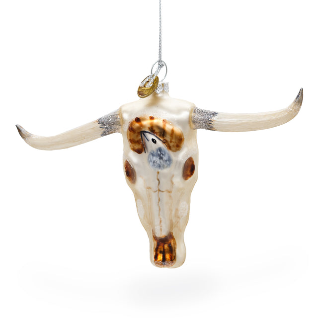 Rustic Cow Skull Blown Glass Christmas Ornament in Ivory color
