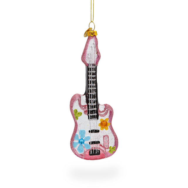 Glass Blossom-Adorned Guitar - Blown Glass Christmas Ornament in Multi color