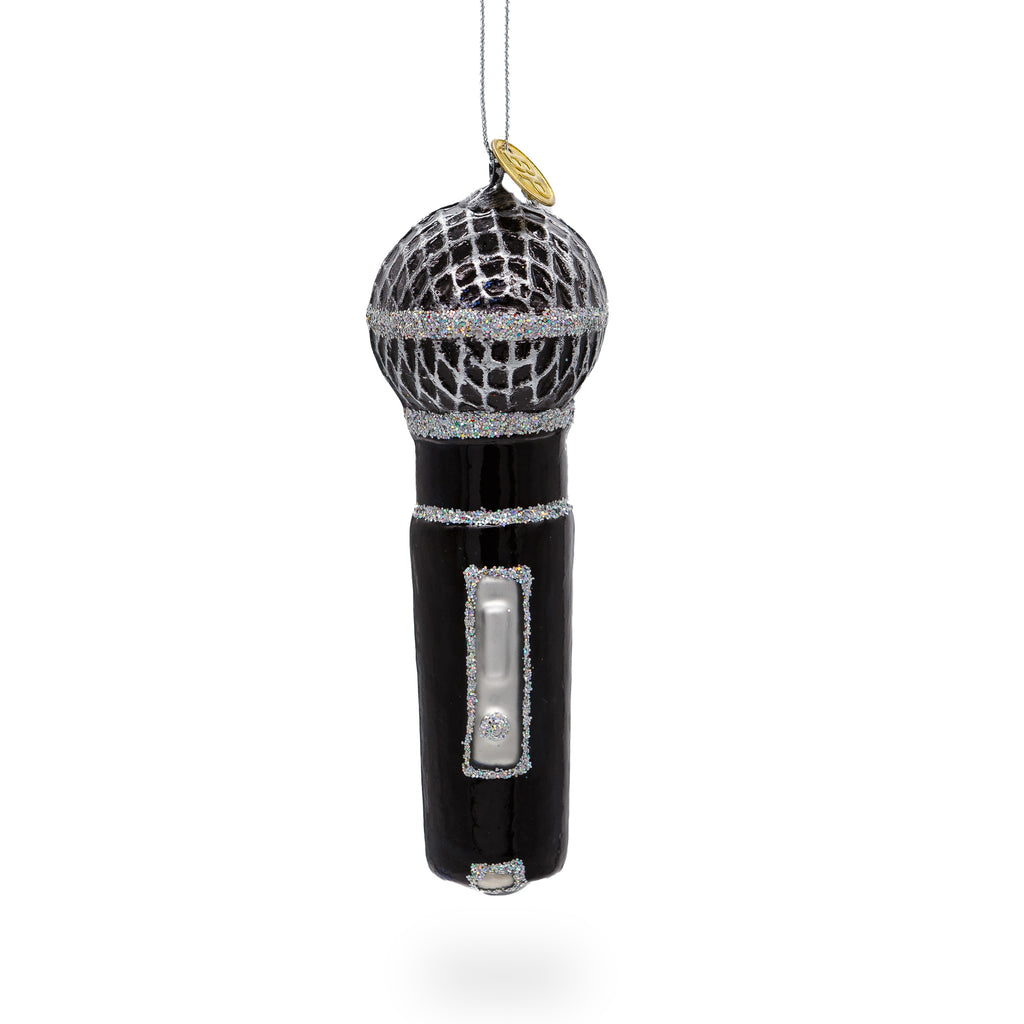 Glass Sleek Black Microphone - Blown Glass Christmas Ornament in Black color