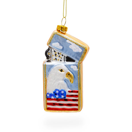 Lighter with USA Flag and Eagle Blown Glass Christmas Ornament in Multi color