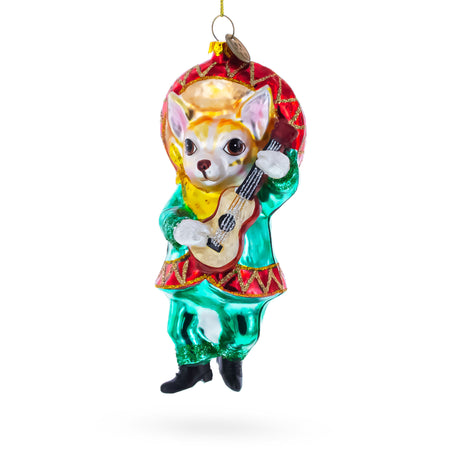 Chihuahua Dog in Sombrero Playing Guitar Blown Glass Christmas Ornament in Multi color