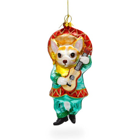 Chihuahua Dog in Sombrero Playing Guitar - Blown Glass Christmas Ornament in Multi color,  shape
