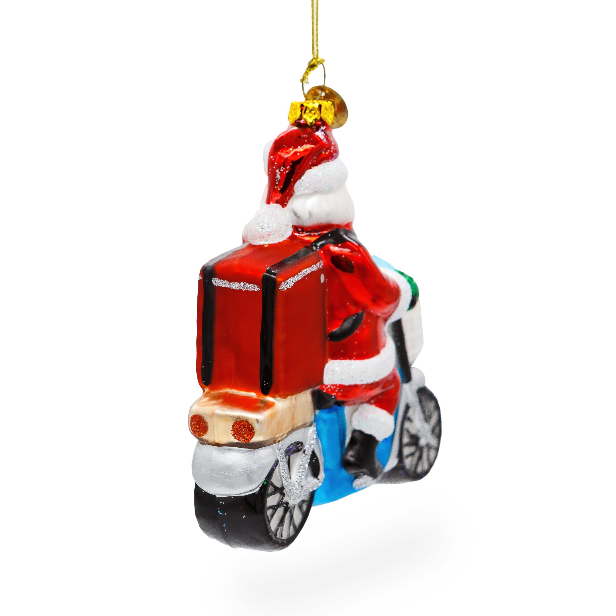 Santa Food Delivery on Scooter Glass Christmas OrnamentChina , dimensions in inches: 4.5 x 4 x 4.0
