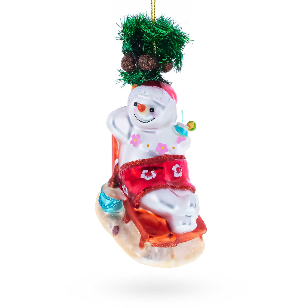 Tropical Snowman on the Beach Exotic Glass Christmas Ornament in Red color Figurine