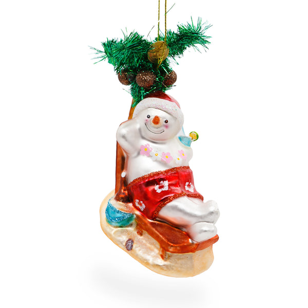 Tropical Snowman on the Beach - Exotic Blown Glass Christmas Ornament in Multi color,  shape