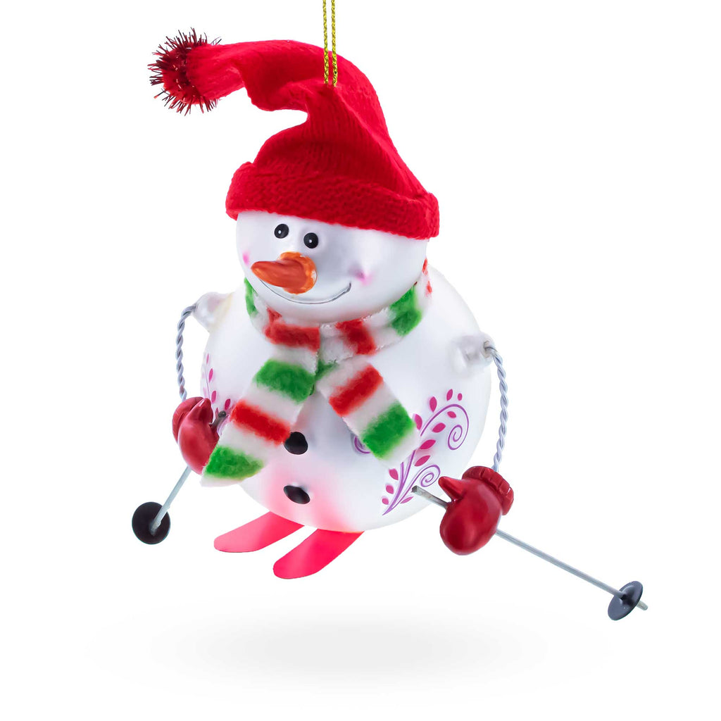 Snowman Skiing Glass Christmas Ornament in Red color Figurine