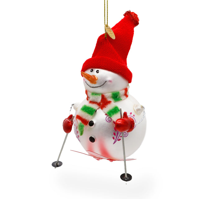 Whimsical Snowman Skiing - Blown Glass Christmas Ornament in Multi color,  shape