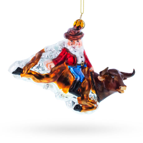 Daring Santa Riding a Bull on the Rodeo Blown Glass Christmas Ornament in Multi color