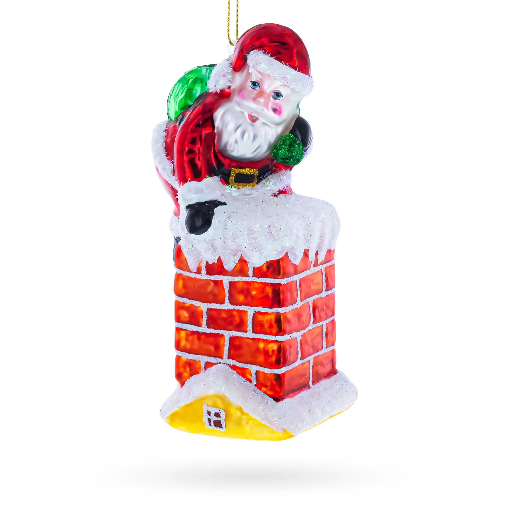 Santa Going Down the Chimney Glass Christmas Ornament in Red color Figurine
