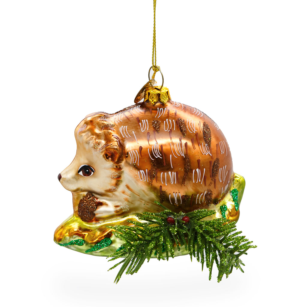 Glass Cute Hedgehog on Grass - Blown Glass Christmas Ornament in Brown color