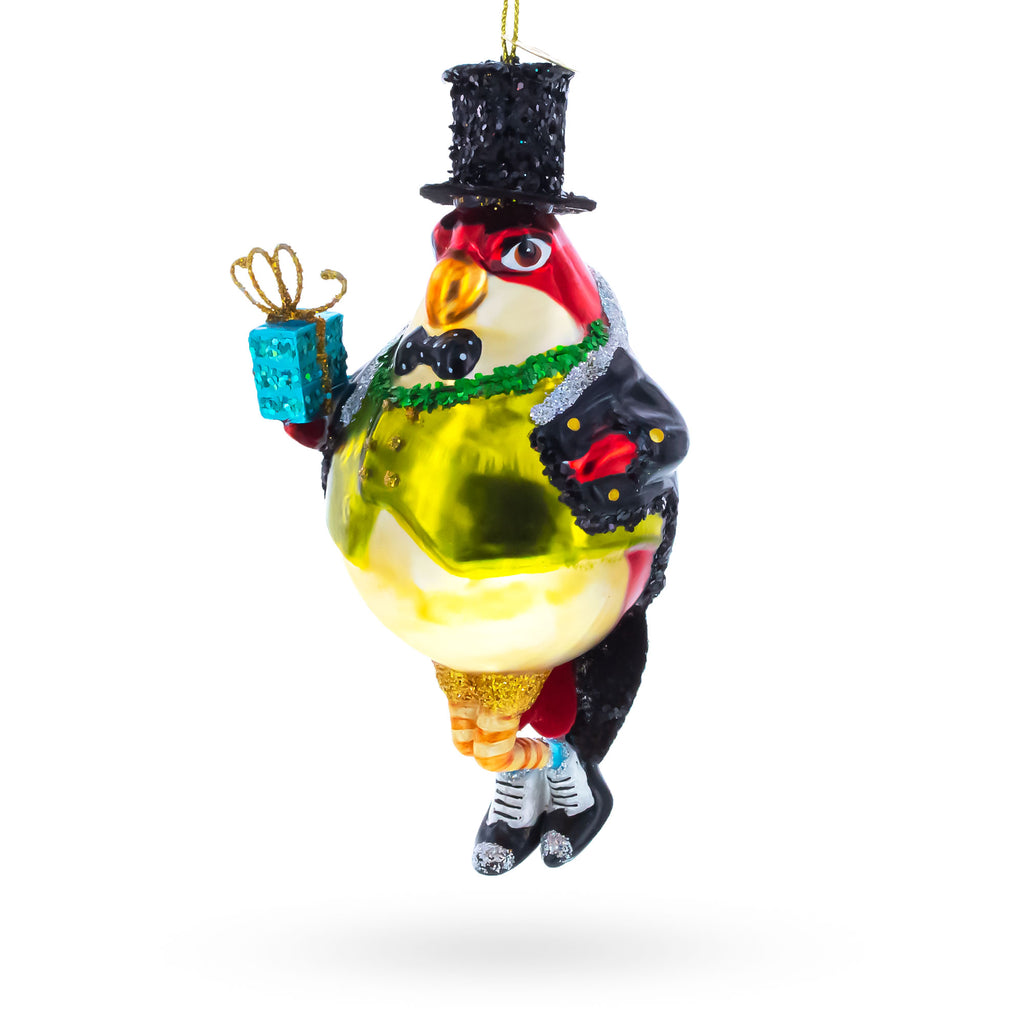 Penguin in Black Hat Glass Christmas Ornament in Green color Figurine