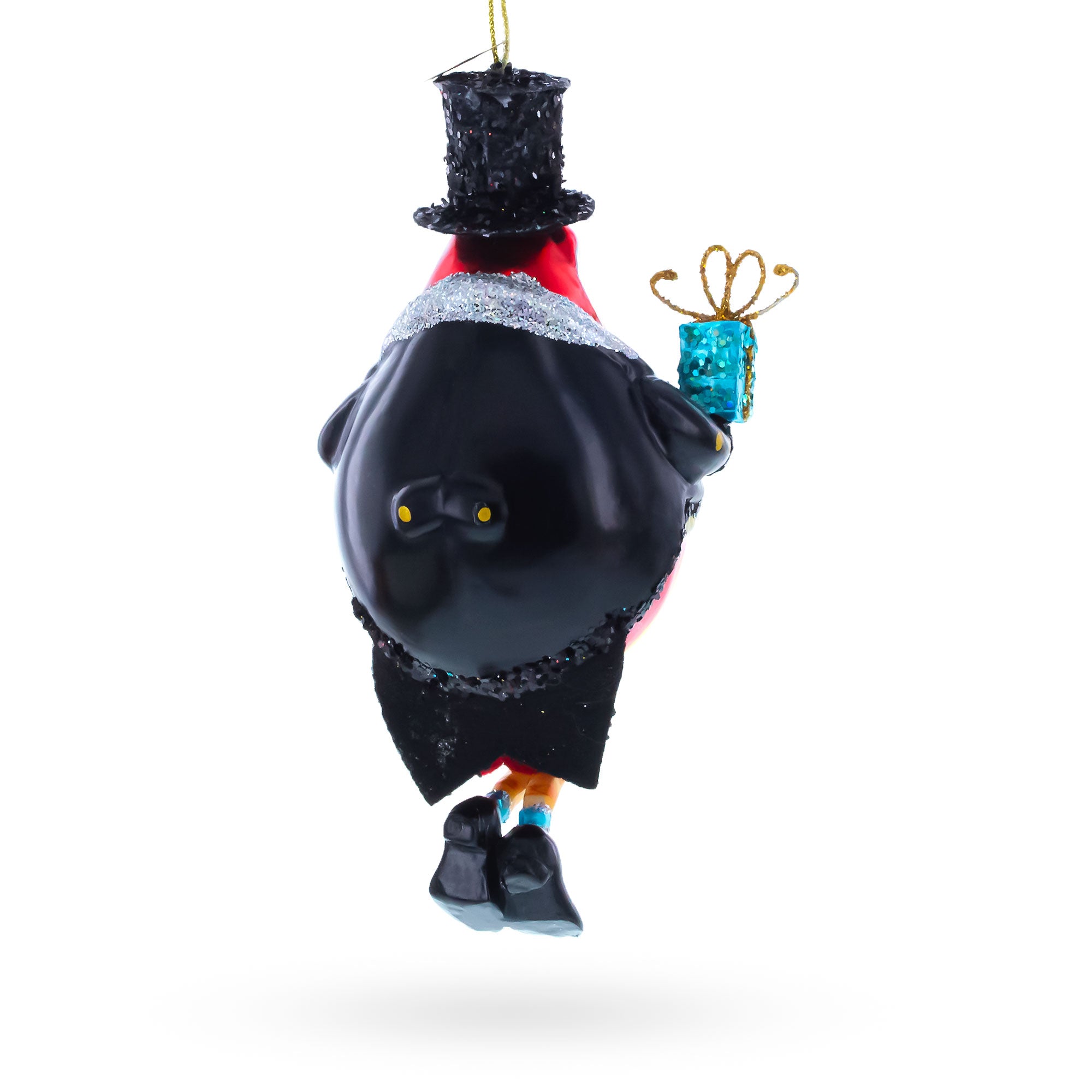 Penguin in Black Hat Glass Christmas OrnamentChina , dimensions in inches: 5.4 x 2.9 x 2.3