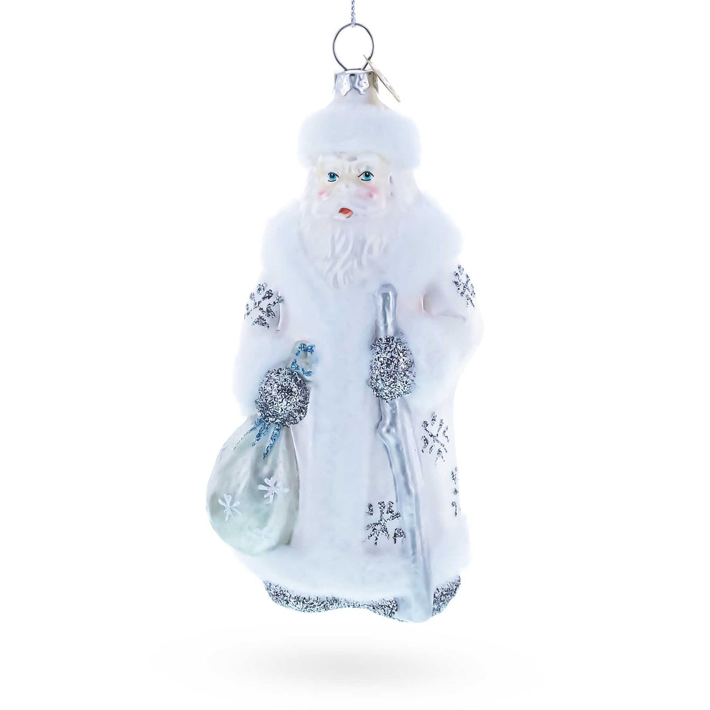 Santa in Elegant White Glass Christmas Ornament in Silver color Figurine