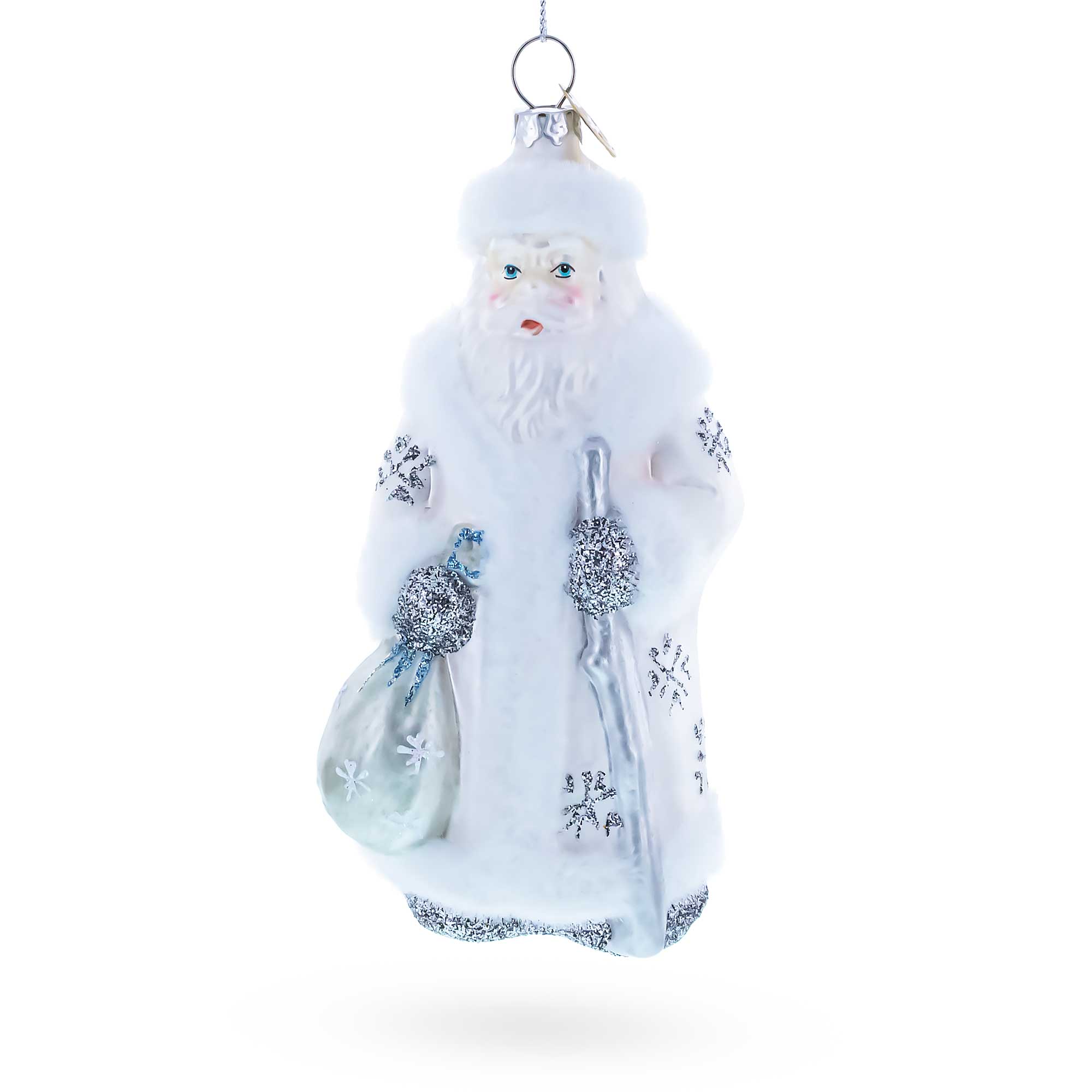 Santa in Elegant White Glass Christmas Ornament in Silver color Figurine