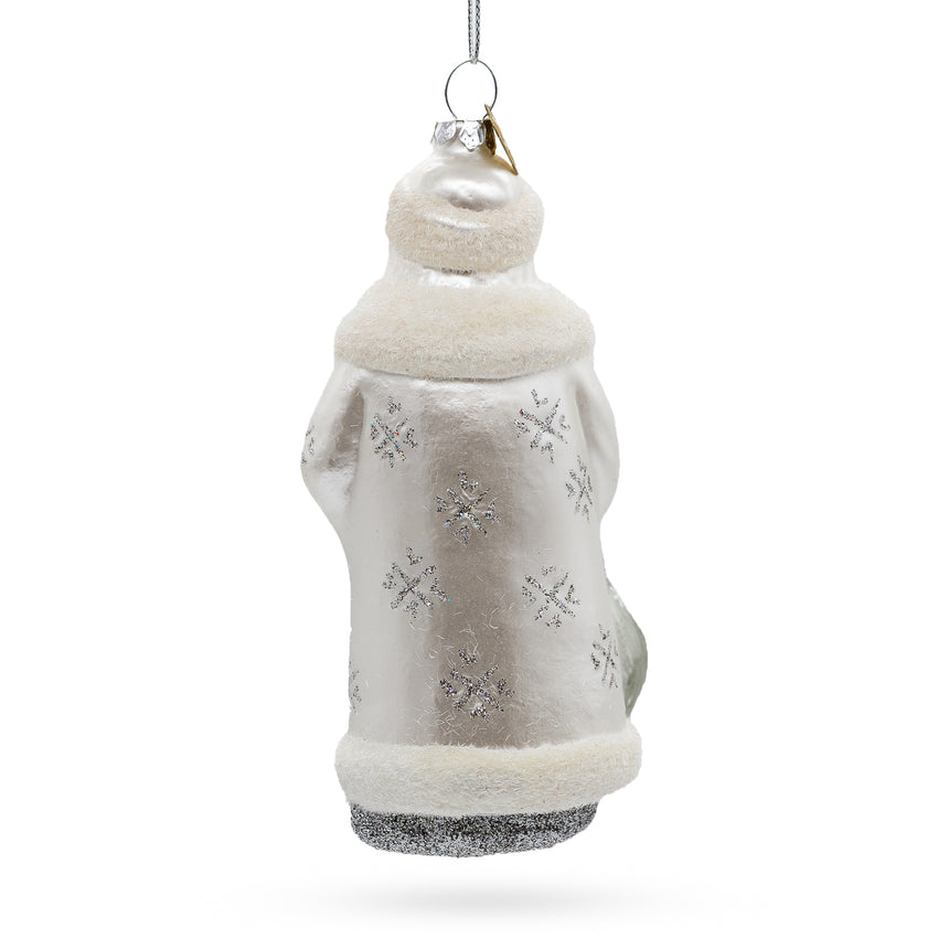 Santa in Elegant White Blown Glass Christmas Ornament , dimensions in inches: 5.4 x 2.9 x 2.1