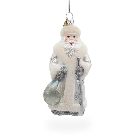 Santa in Elegant White - Blown Glass Christmas Ornament in Silver color,  shape