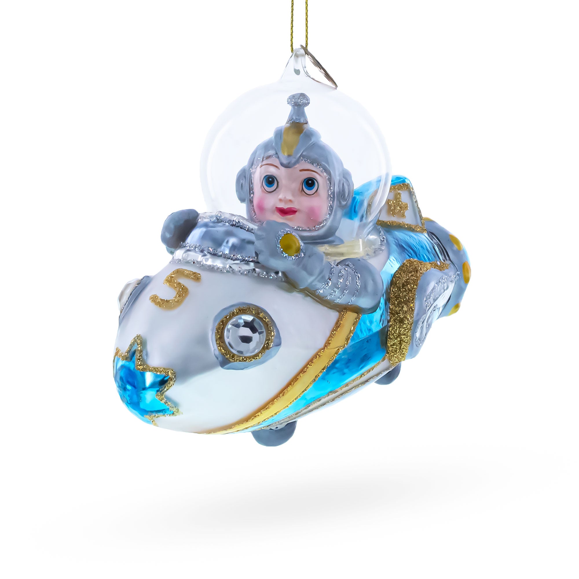Astronaut Driving Spaceship Blown Glass Christmas Ornament in Blue color Figurine