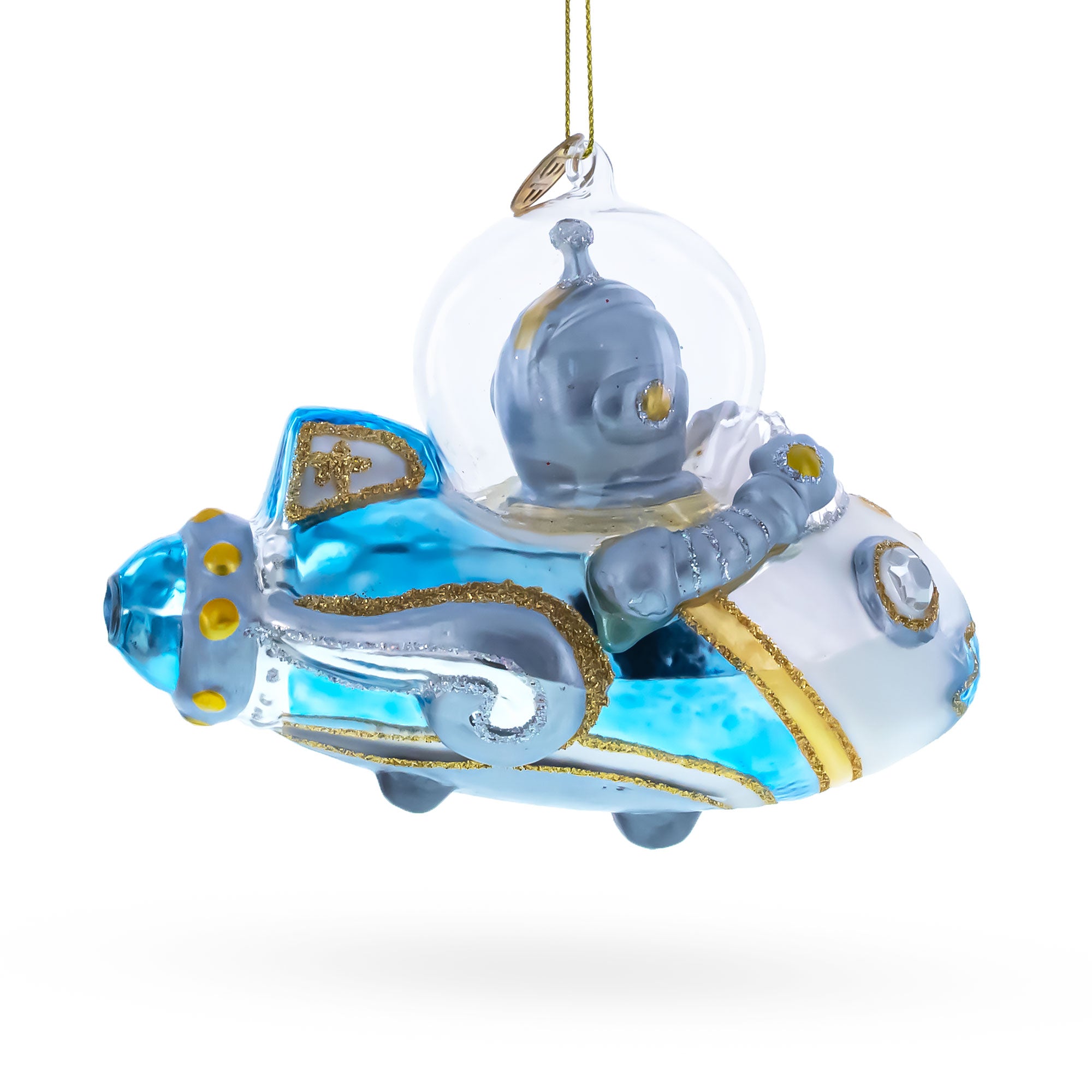 Astronaut Driving Spaceship Blown Glass Christmas OrnamentChina , dimensions in inches: 3.9 x 2.5 x 2.4