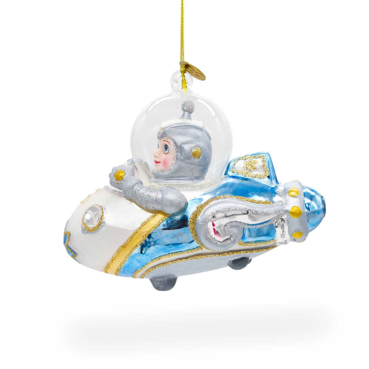Adventurous Astronaut Driving Spaceship - Blown Glass Christmas Ornament in Blue color,  shape
