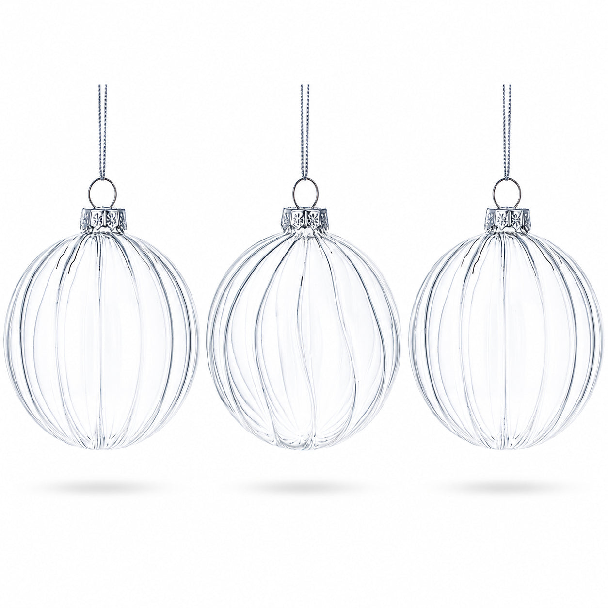 Elegant Set of 3 Striped Clear Glass Ball Christmas Ornaments 3.5 Inches in Clear color Round