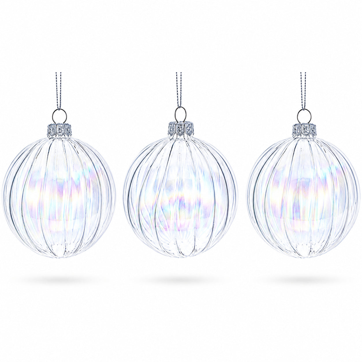 Set of 3 Iridescent Clear Glass Ball Christmas Ornaments 3.6 Inches in Clear color Round