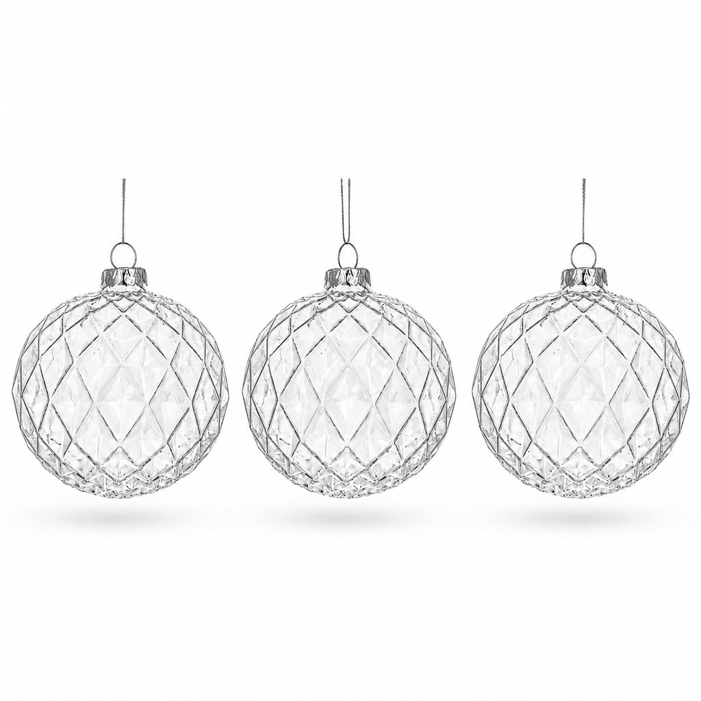 Set of 3 Elegant Clear Ribbed Sphere Glass Christmas Ornament 3.5 Inches in Clear color Round