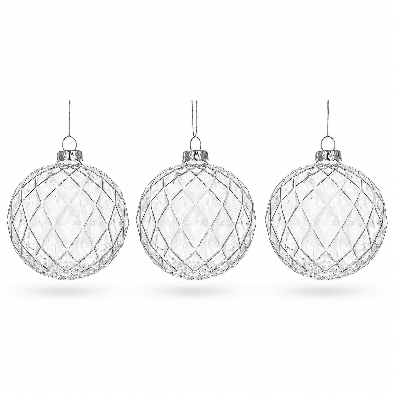 Set of 3 Elegant Clear Ribbed Sphere Glass Christmas Ornament 3.5 Inches in Clear color Round