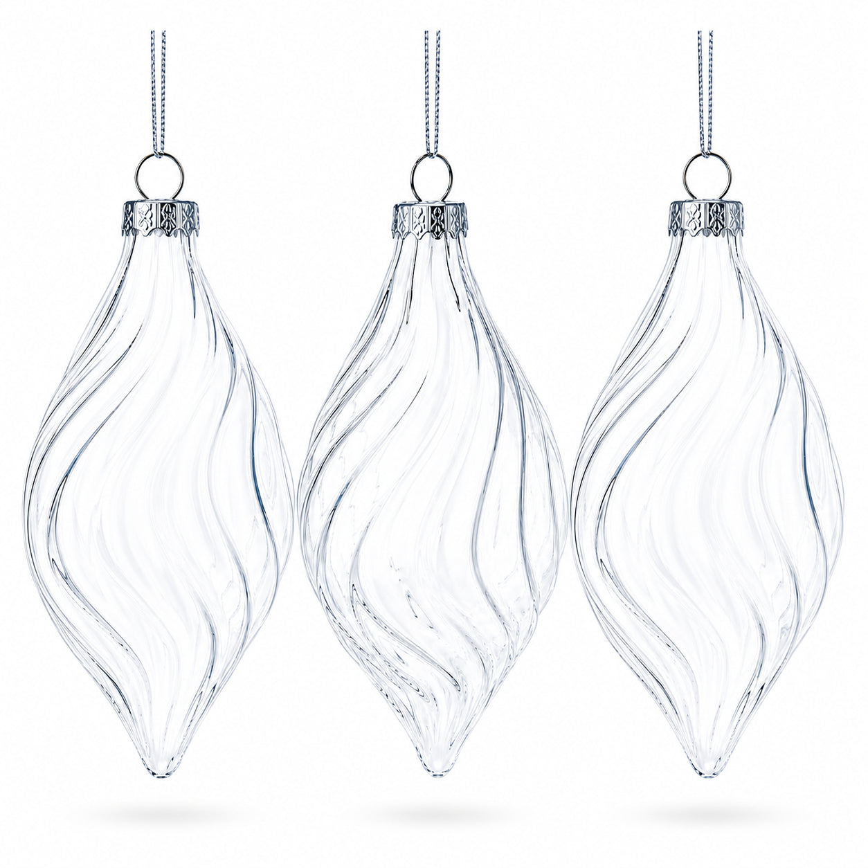 Set of 3 Clear Glass Swirl Christmas Ornaments 5.8 Inches in Clear color Finial