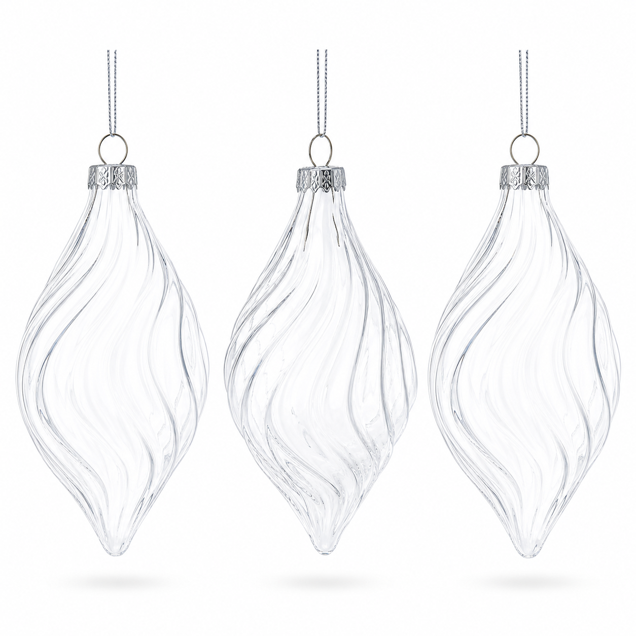 Set of 3 Clear Glass Swirl Christmas Ornaments 5.8 Inches in Clear color Finial