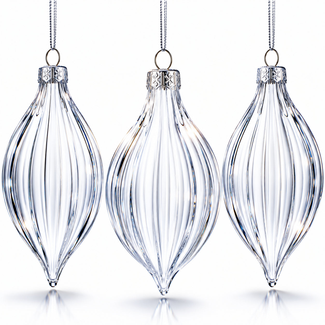 Set of 3 Striped Rhombus Finial Clear Glass Ornament 5.8 Inches in Clear color Finial