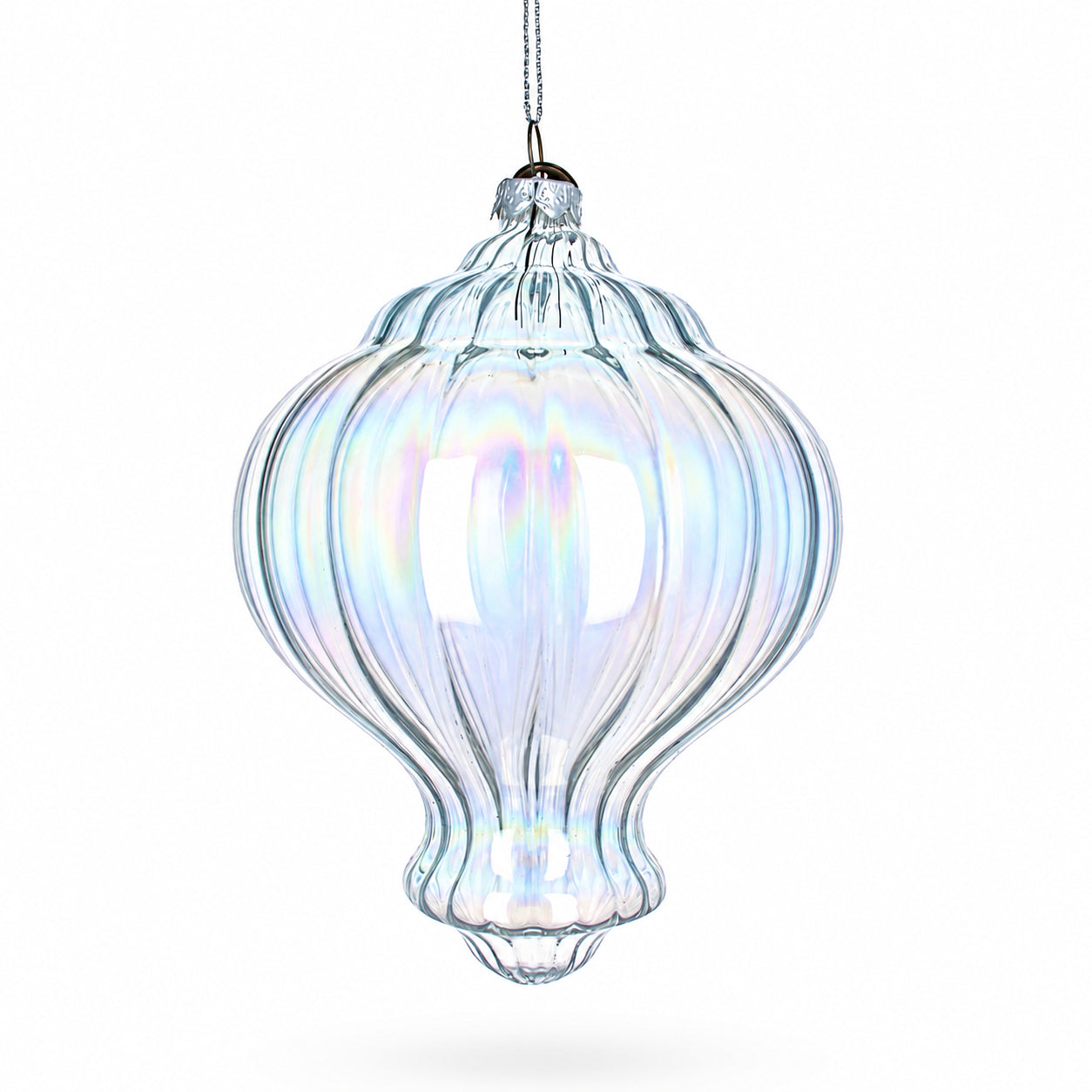 Lantern Shape Finial Clear Iridescent Glass Christmas Ornament 5.3 Inches in Clear color Finial