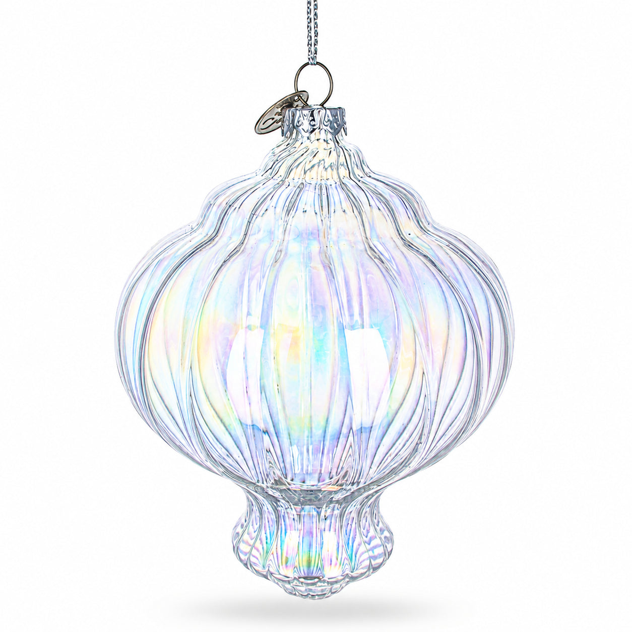 Lantern Shape Finial Clear Iridescent Glass Christmas Ornament 5.3 InchesChina , dimensions in inches: 5.3 x 3.7 x 3.7