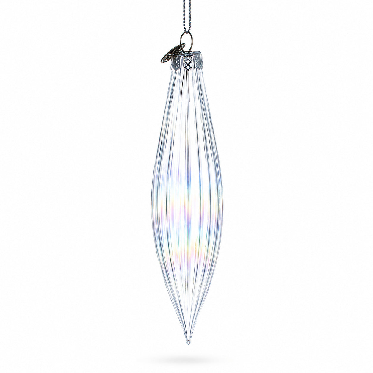 Iridescent Clear Glass Icicle Christmas Ornament 6.9 InchesChina , dimensions in inches: 6.9 x 1.5 x 1.5