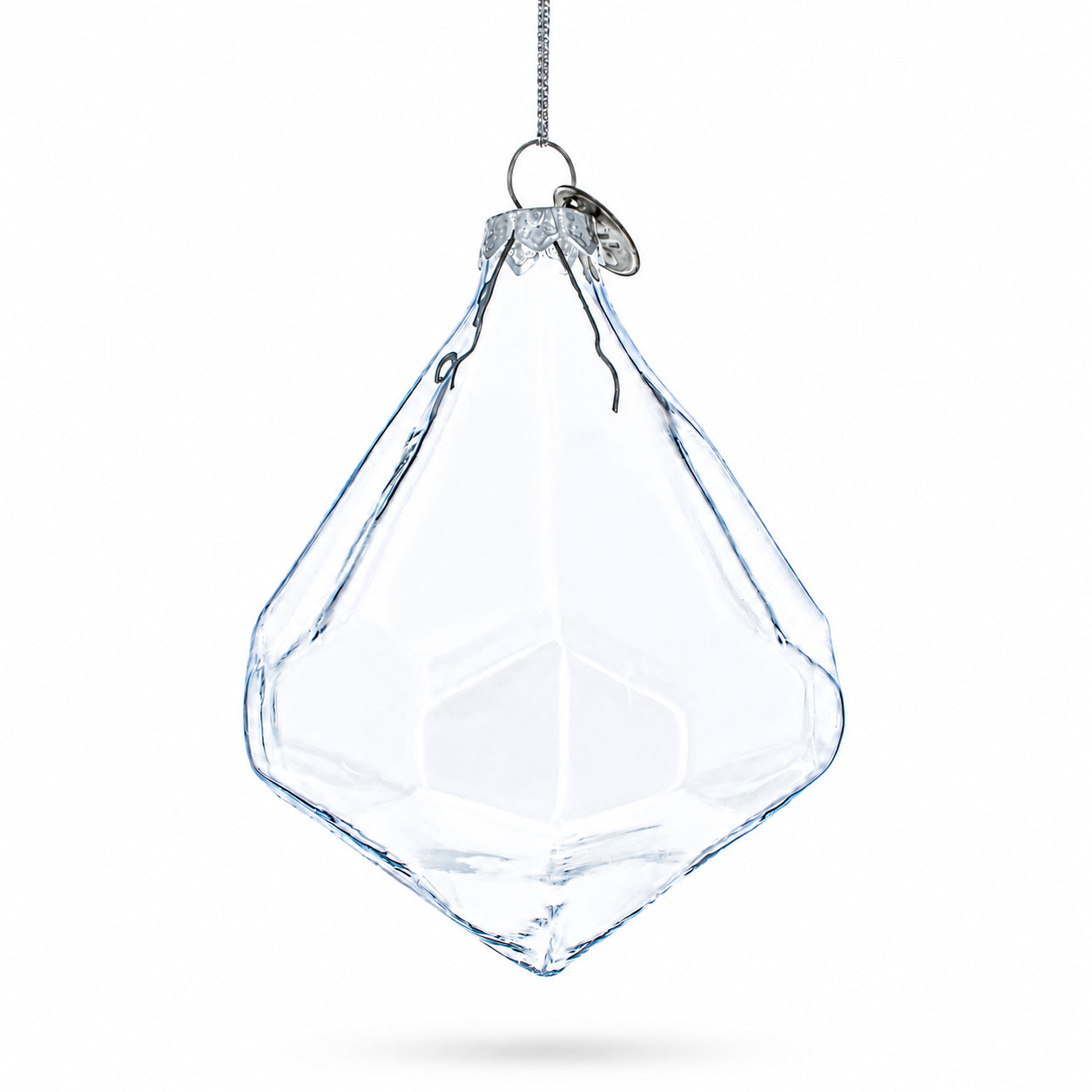 Diamond Shape Clear Glass Christmas Ornament 3.6 InchesChina , dimensions in inches: 3.6 x 2.8 x 1.7