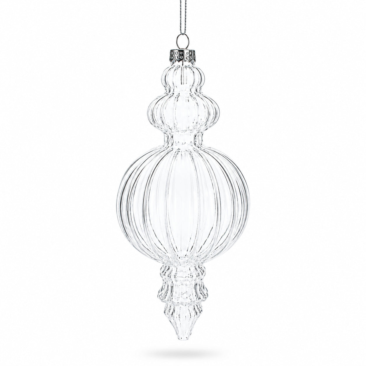 Triple Finial Clear Glass Christmas Ornament 6.7 Inches (170 mm)China , dimensions in inches: 6.8 x 2.8 x 2.8