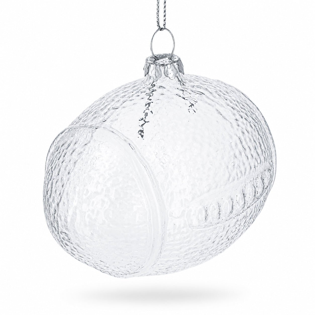 Football Clear Glass Christmas OrnamentChina , dimensions in inches: 3.8 x 3.4 x 2.7