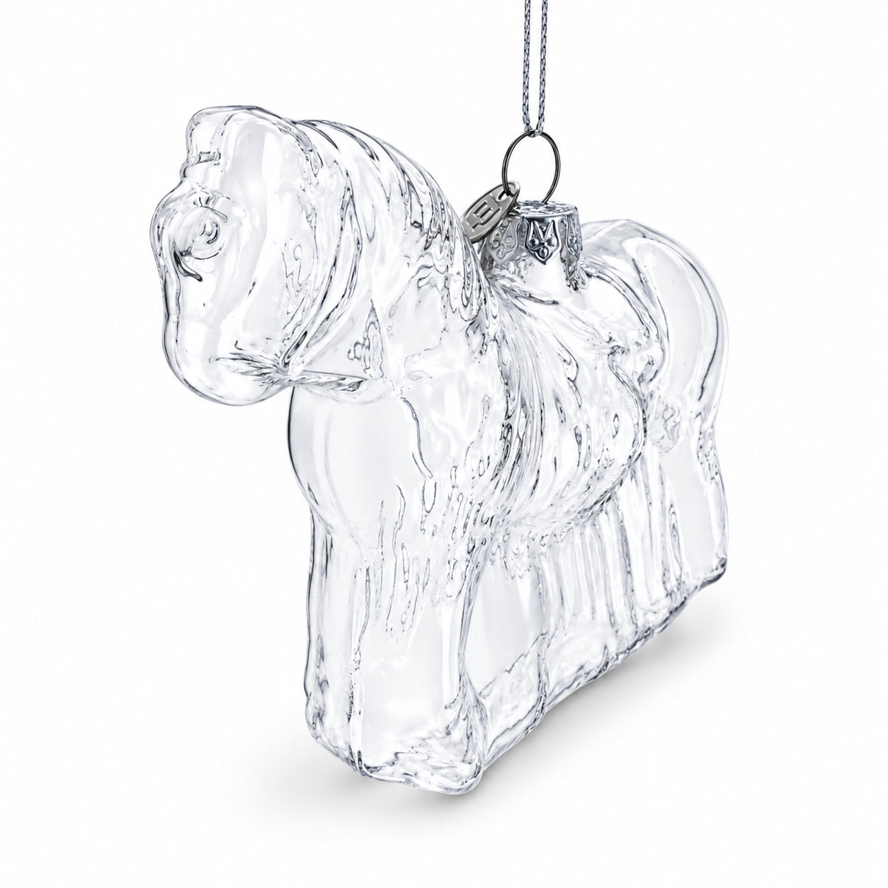 Horse Clear Glass Christmas OrnamentChina , dimensions in inches: 3.7 x 3.6 x 1.4