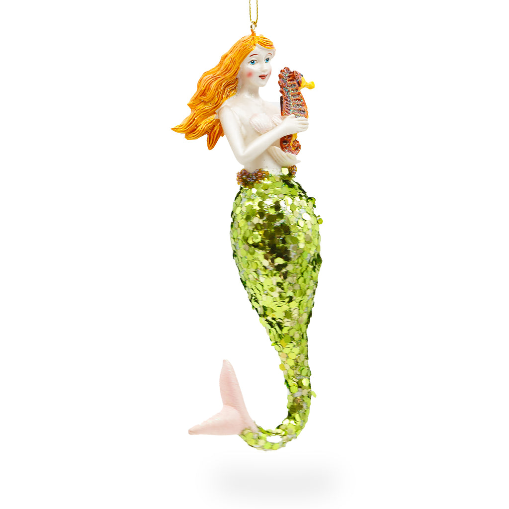 Mermaid Holding Sea Horse Glass Christmas Ornament in Green color Figurine