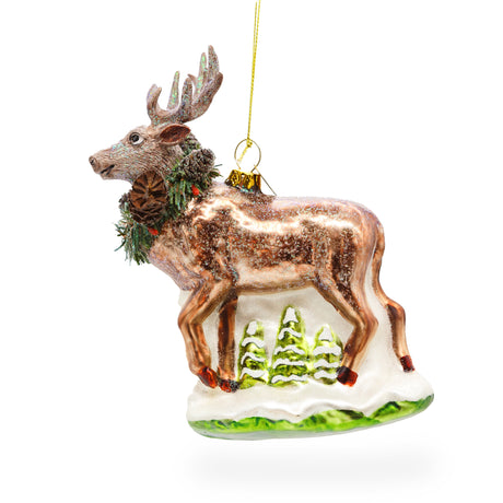 Majestic Reindeer - Blown Glass Christmas Ornament in Multi color,  shape