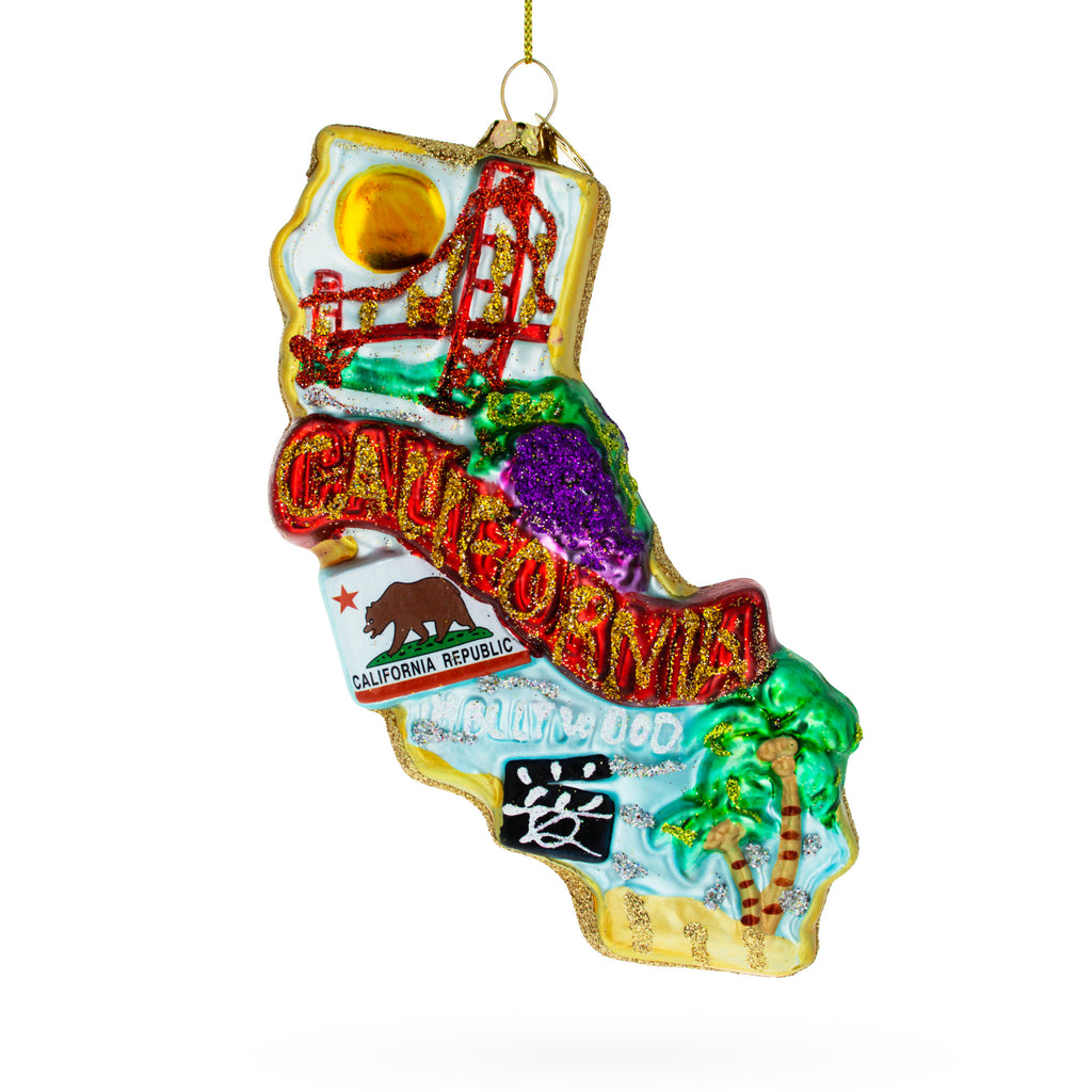 Glass Captivating State of California Symbols, USA - Blown Glass Christmas Ornament in Multi color