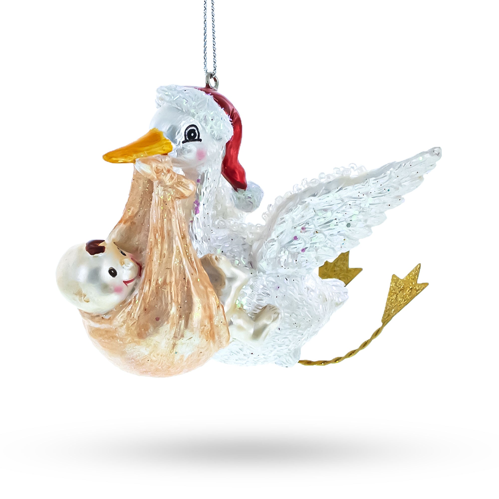 Charming Stork Carrying Baby Glass Christmas Ornament in White color Figurine